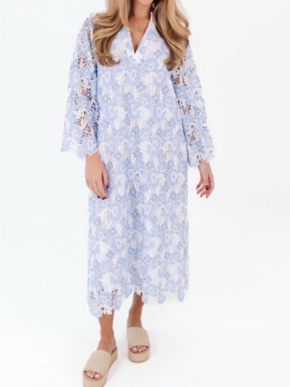 J.Marie Light Blue & White Floral Lace Midi Dress XS